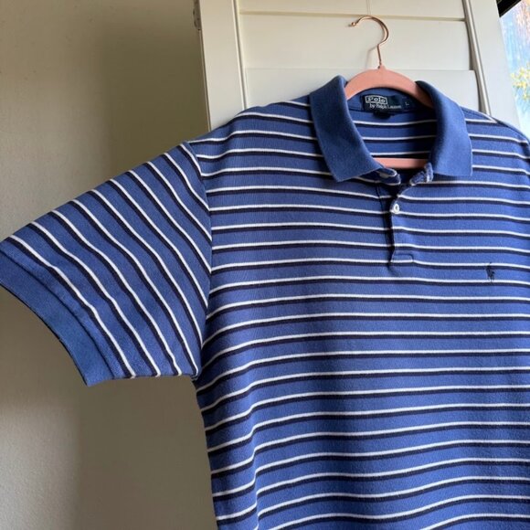 Vintage Polo by Ralph Lauren Pique Polo Shirt in Blue Navy White Stripe size L - Picture 2 of 5